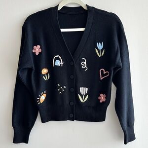 Princess Highway Cropped Embroidered Floral Doodle Icon Cardigan, Black, Small